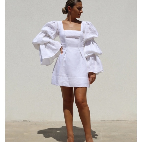 Isabella Longginou size 14 linen White dress mini puff statement sleeve fairy br